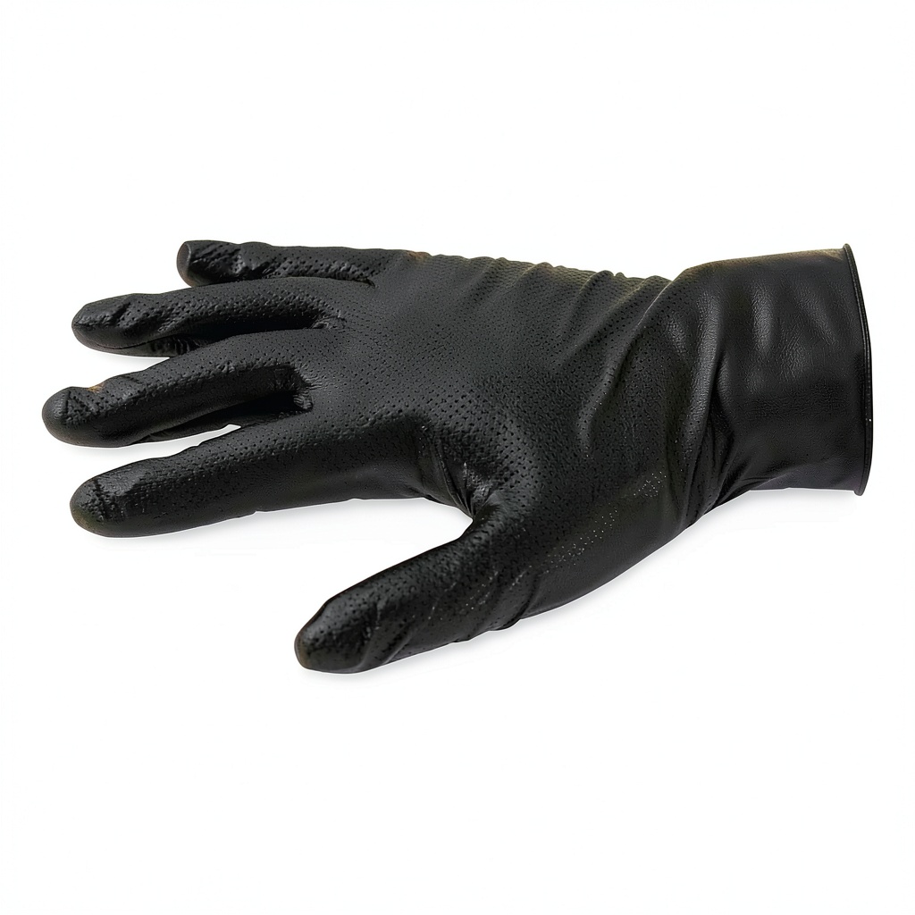 KleenGuard Kraken Grip Black Nitrile Gloves showing textured surface and beaded cuffs